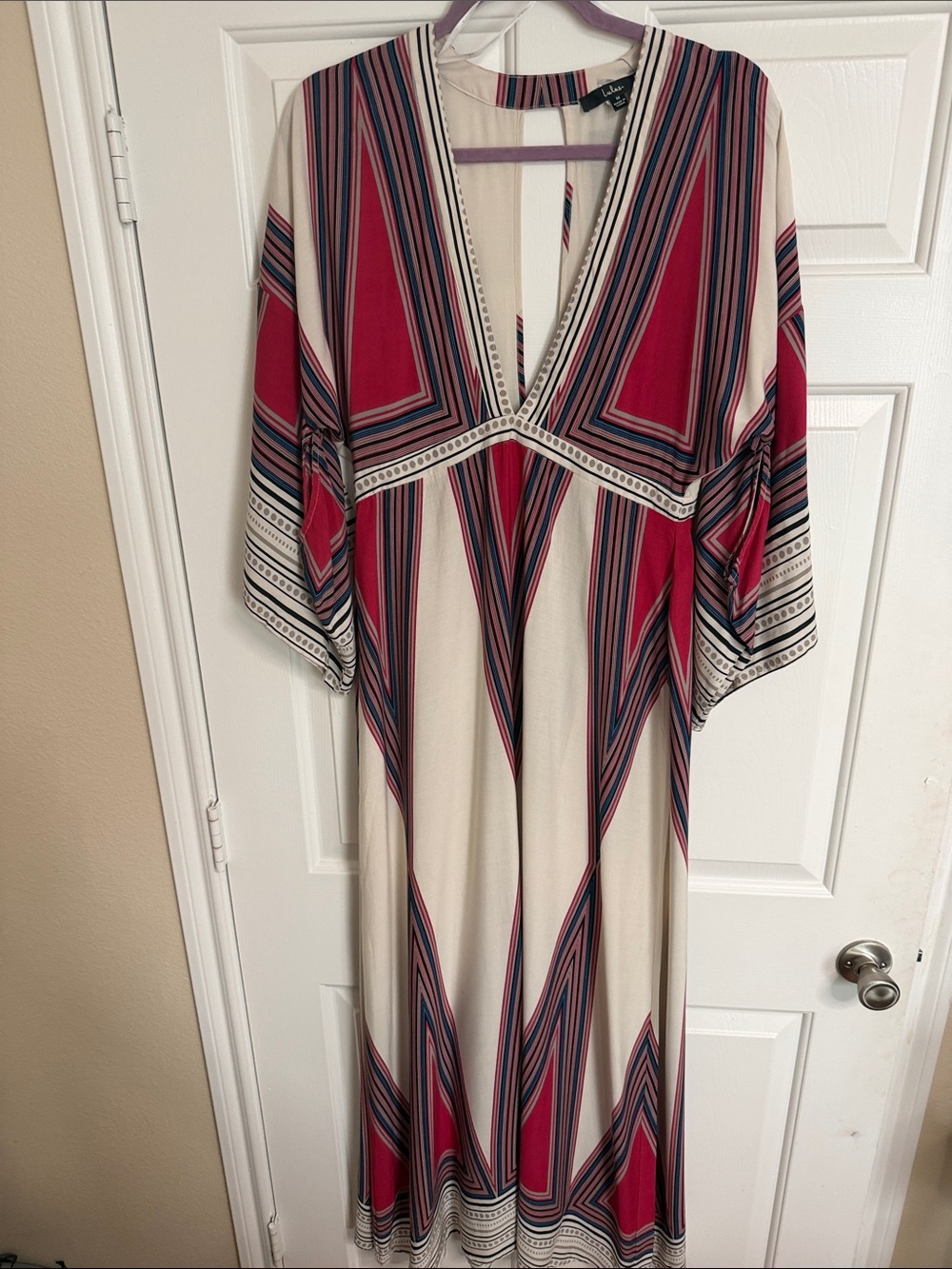 Lulu's Geometric V-Neck Maxi Dress in Cream and Red